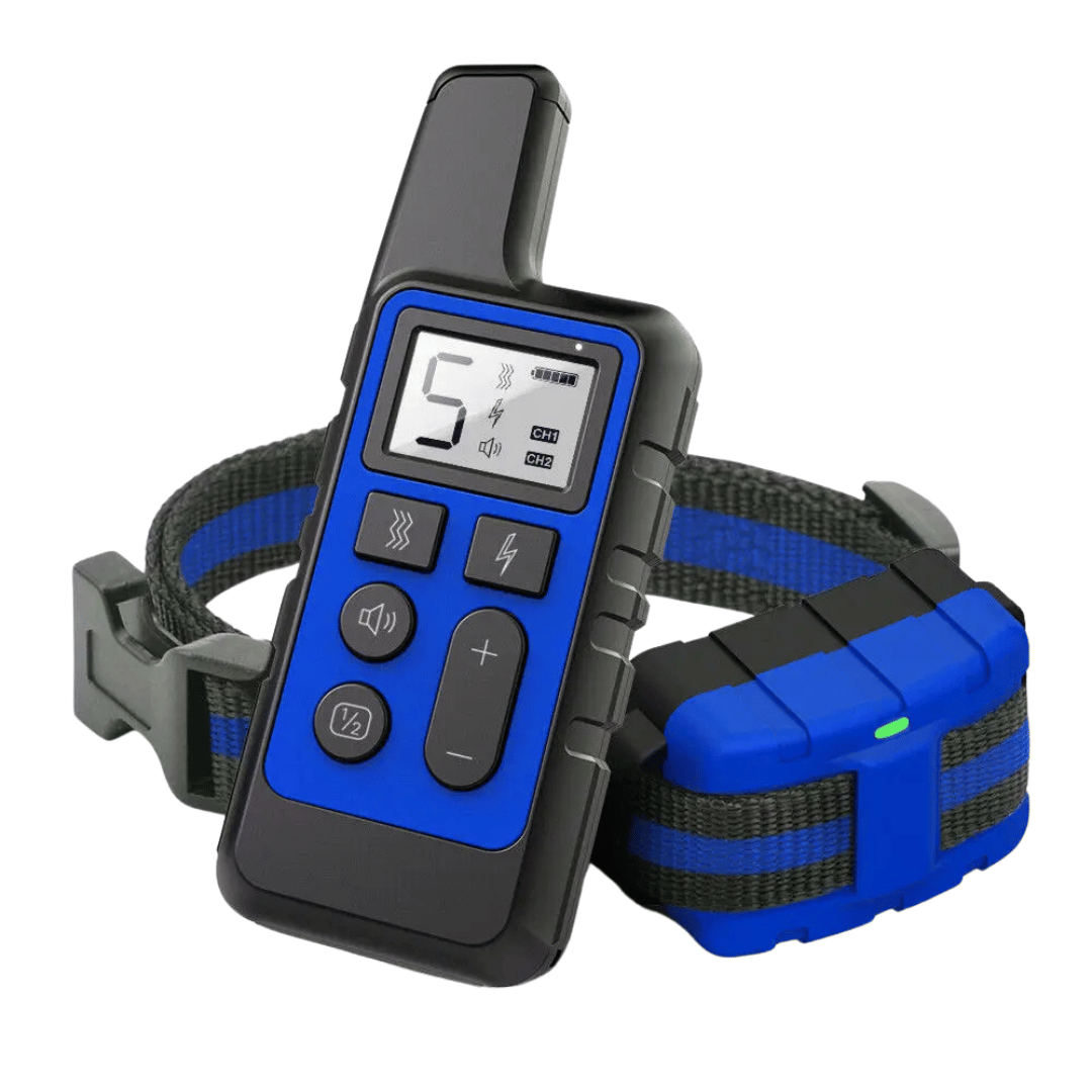 "Remote for 5-level adjustable dog training collar, black with LCD screen and buttons, for controlling training modes."