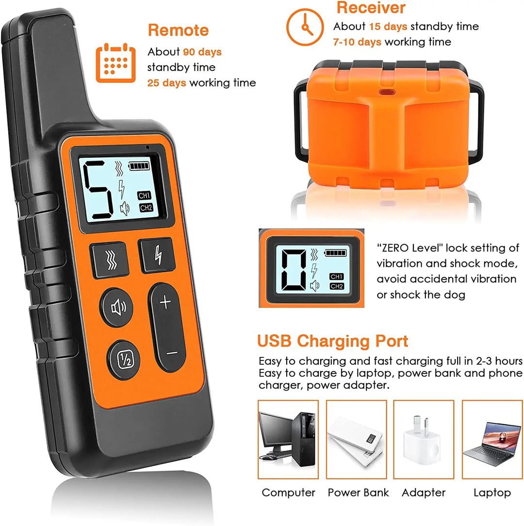 "Remote for 5-level adjustable dog training collar, black with LCD screen and buttons, for controlling training modes."