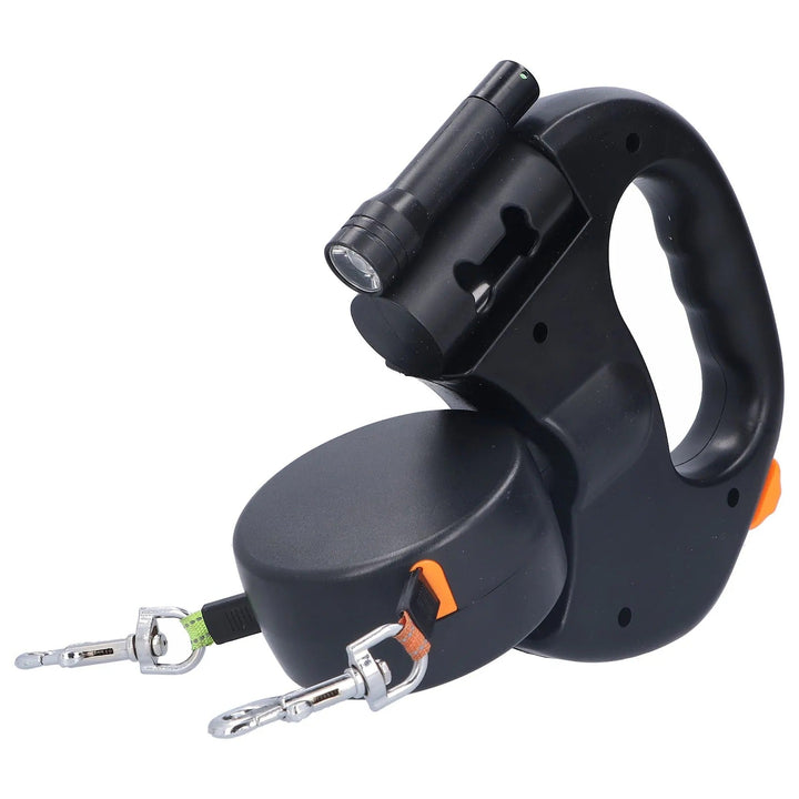 "Retractable double dog leash with flashlight, bag dispenser; durable nylon straps, ergonomic grip for tangle-free walking."