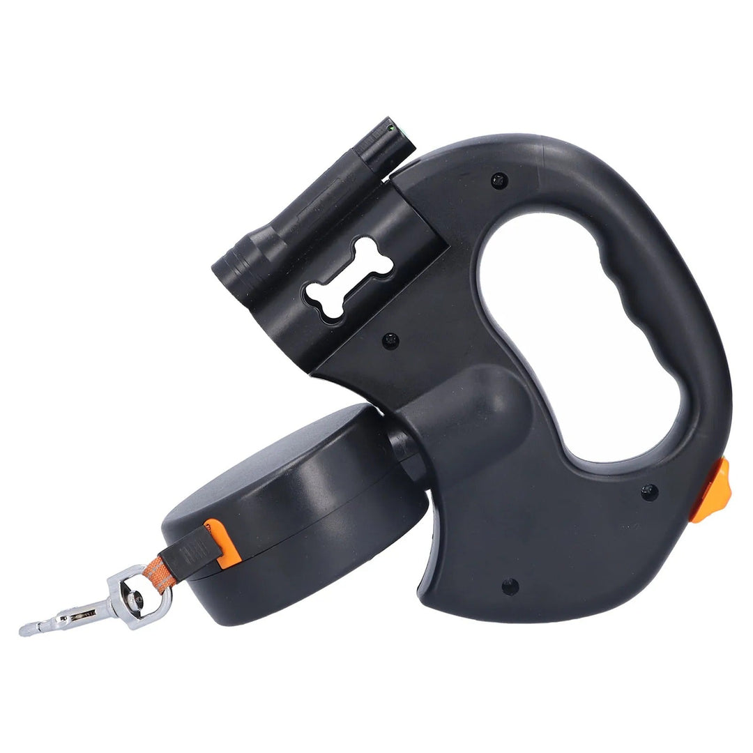 "Retractable double dog leash with flashlight, bag dispenser; durable nylon straps, ergonomic grip for tangle-free walking."