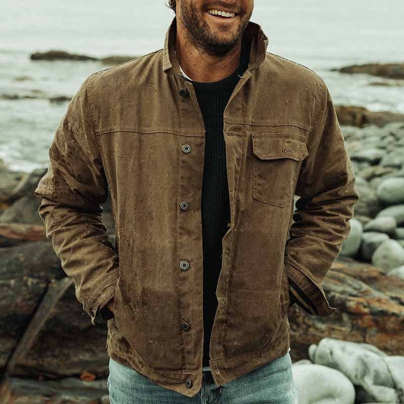 "Rugged deep brown men's utility jacket, front view, with practical pockets, ideal for autumn urban and countryside use."
