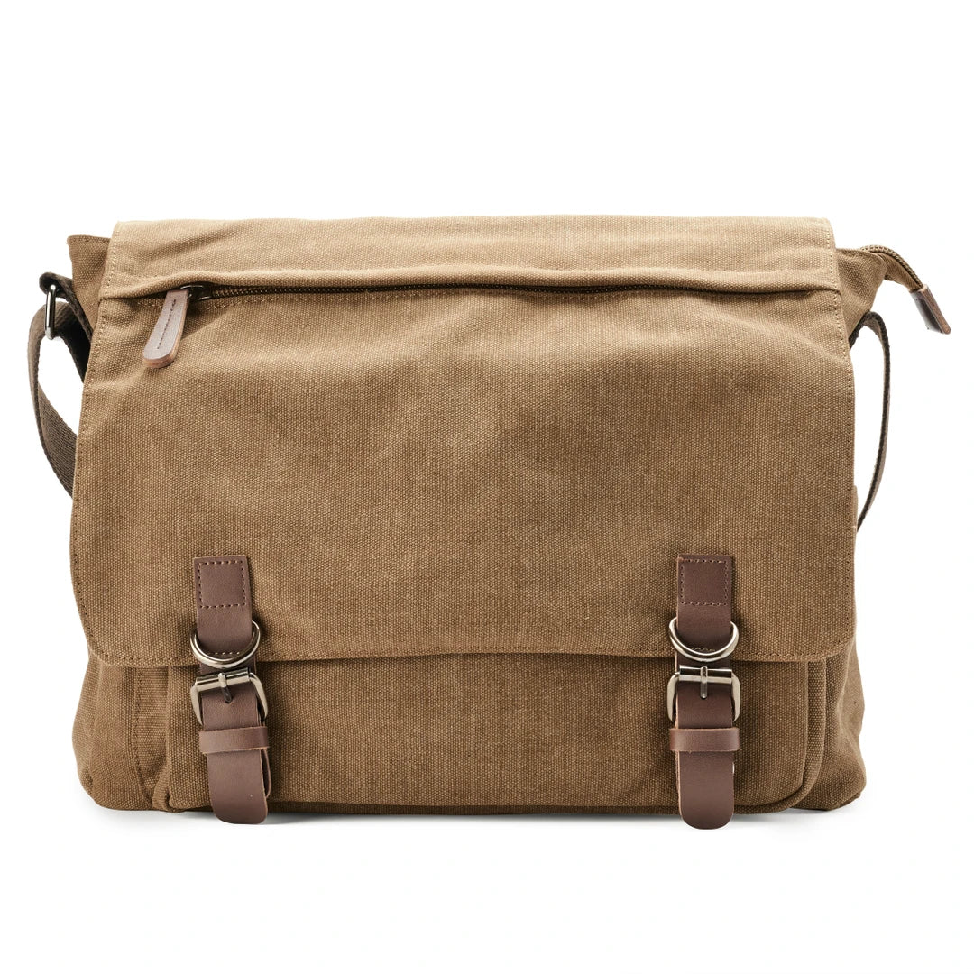 Rugged men's canvas shoulder bag with adjustable strap, front view showcasing durable material and stylish design.