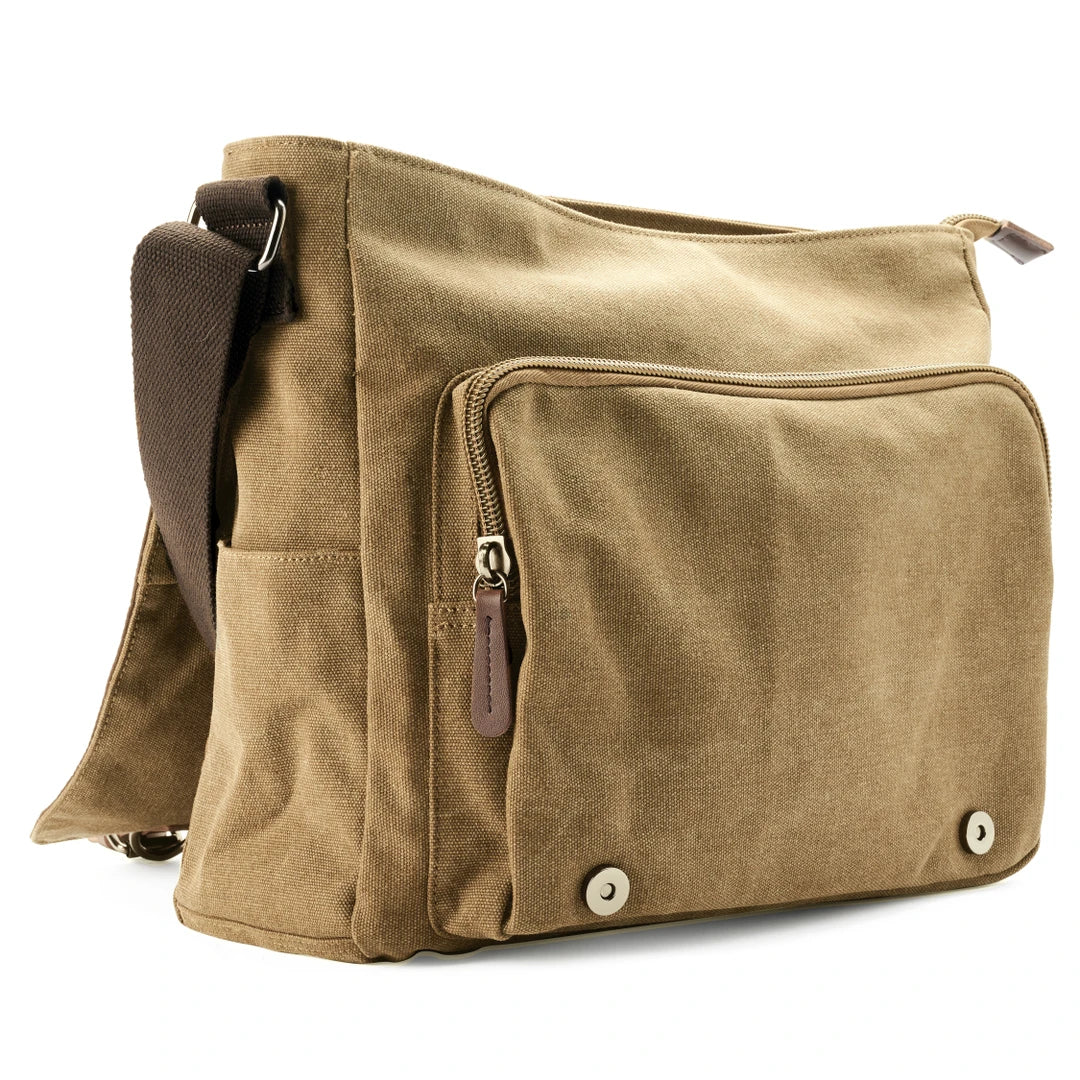 Rugged men's canvas shoulder bag with adjustable strap, front view showcasing durable material and stylish design.