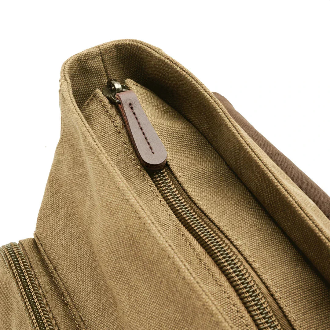 Rugged men's canvas shoulder bag with adjustable strap, front view showcasing durable material and stylish design.