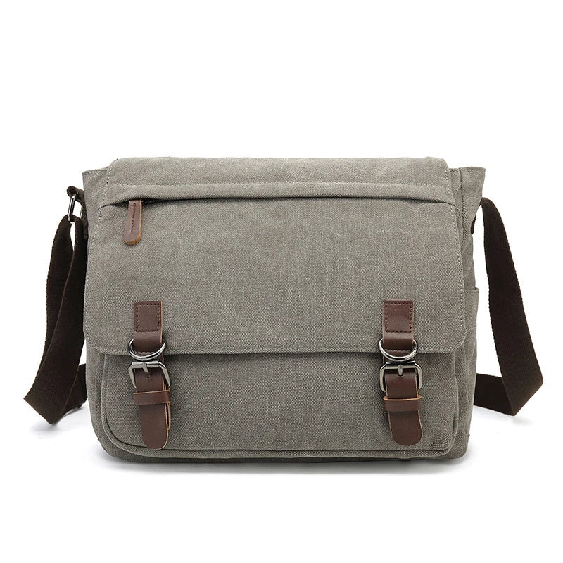 Rugged men's canvas shoulder bag with adjustable strap, front view showcasing durable material and stylish design.