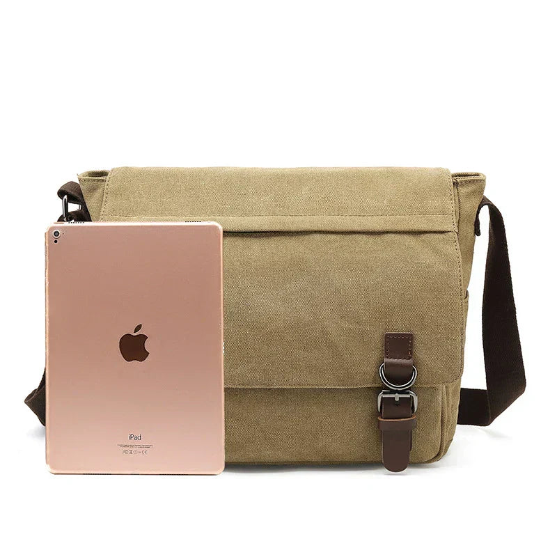 Rugged men's canvas shoulder bag with adjustable strap, front view showcasing durable material and stylish design.