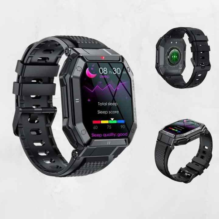 "Rugged men's smartwatch with military design, featuring a robust build and HD display, ideal for outdoor activities."
