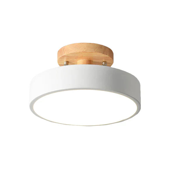 Modern Scandinavian semi-flush LED ceiling lamp, featuring a sleek wooden & metal design for hallways & rooms.