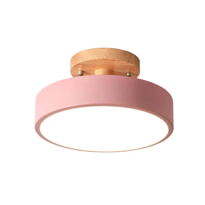 Wooden and metal Scandinavian LED ceiling light, a modern semi-flush fixture for elegant home decor and hallways.