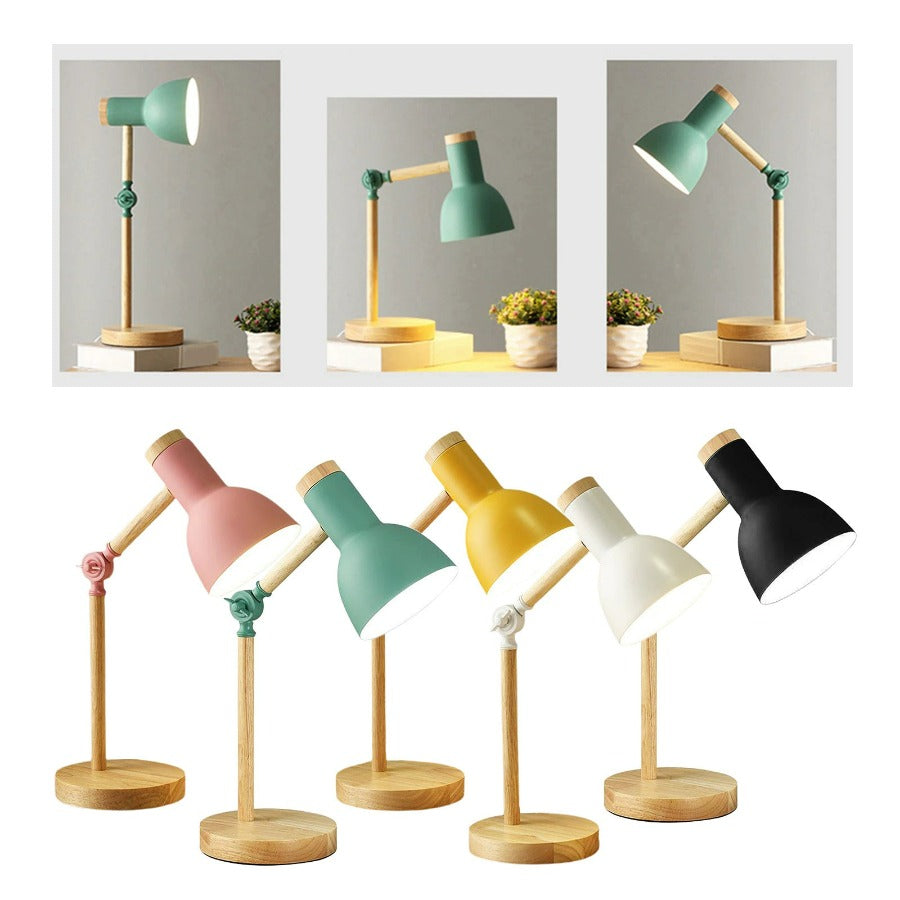 Scandinavian wooden desk lamp with foldable design, colorful shade, adjustable height, and sturdy base. Ideal for any decor.