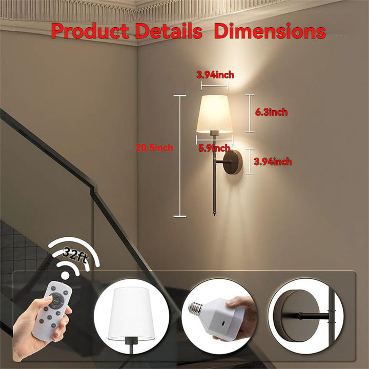"Set of 2 modern wireless battery wall sconces with sleek metal body and fabric shade, ideal for living room or bedroom."
