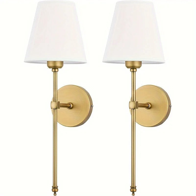 "Set of 2 modern wireless battery wall sconces with sleek metal body and fabric shade, ideal for living room or bedroom."