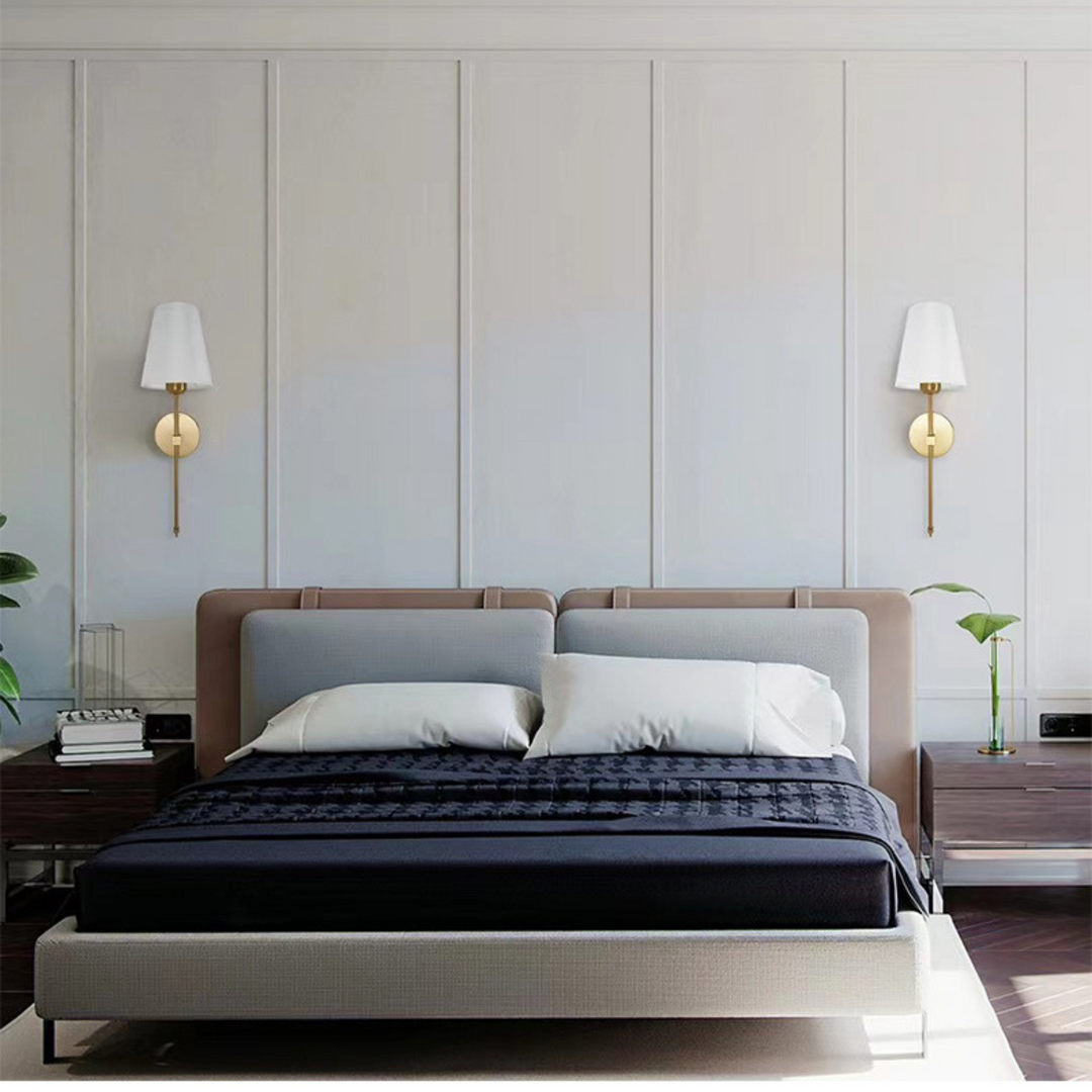 "Set of 2 modern wireless battery wall sconces with sleek metal body and fabric shade, ideal for living room or bedroom."