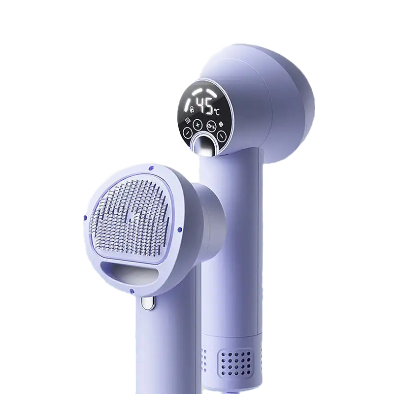 Portable low-noise pet dryer brush, 2-in-1 grooming tool for dogs/cats. Adjustable heat for comfortable, fast drying.