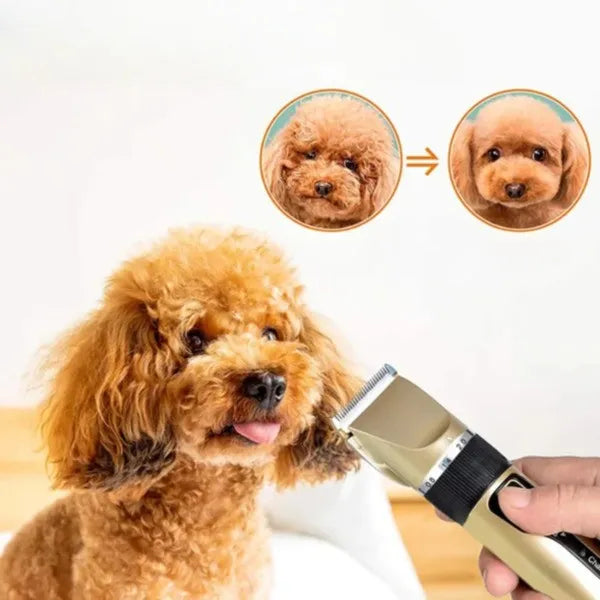 "Silent dog grooming trimmer set with adjustable combs; quiet ergonomic design, multiple attachments for all fur types."