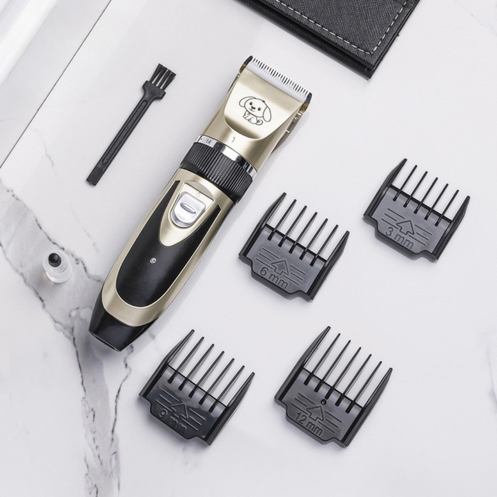 "Silent dog grooming trimmer set with adjustable combs; quiet ergonomic design, multiple attachments for all fur types."