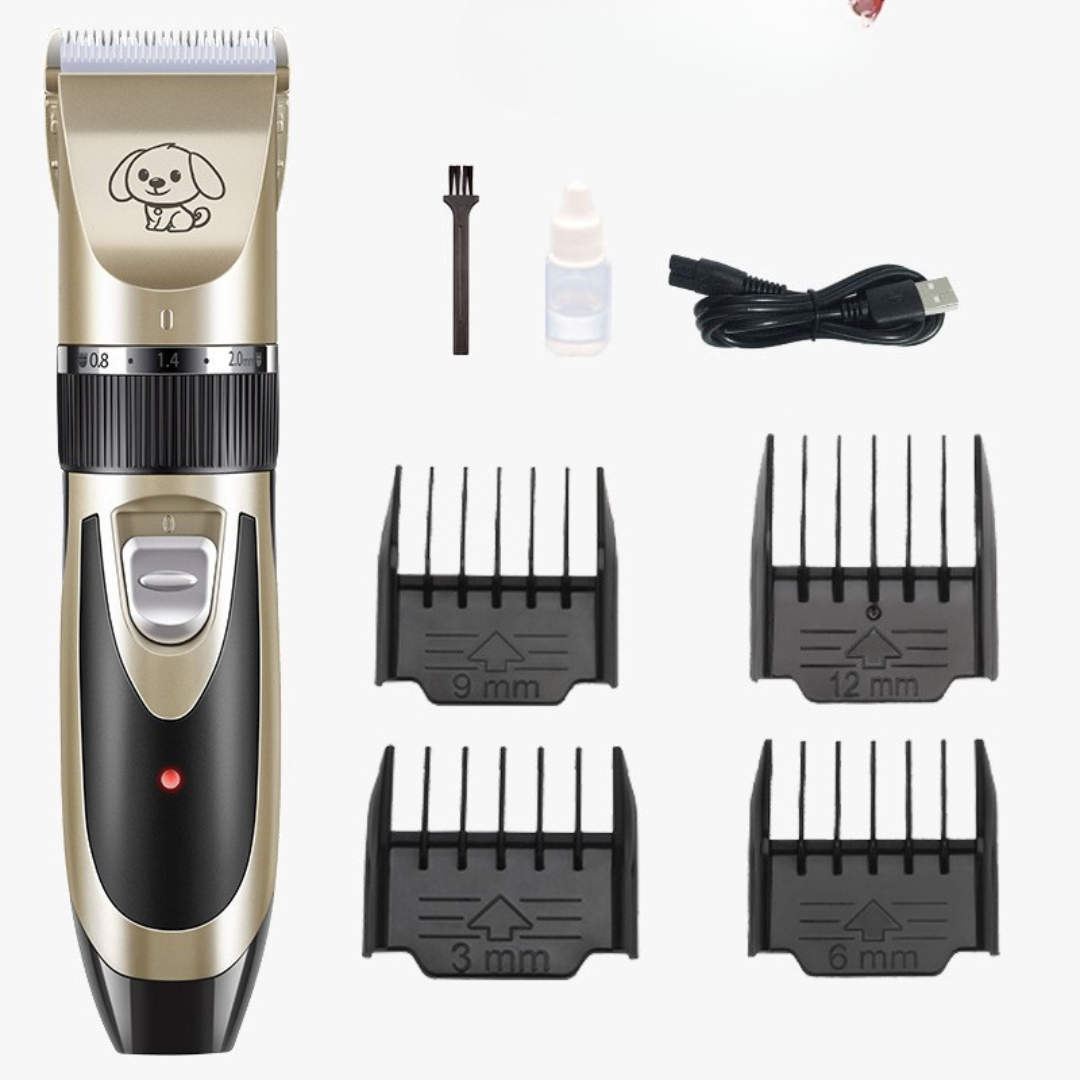 "Silent dog grooming trimmer set with adjustable combs; quiet ergonomic design, multiple attachments for all fur types."