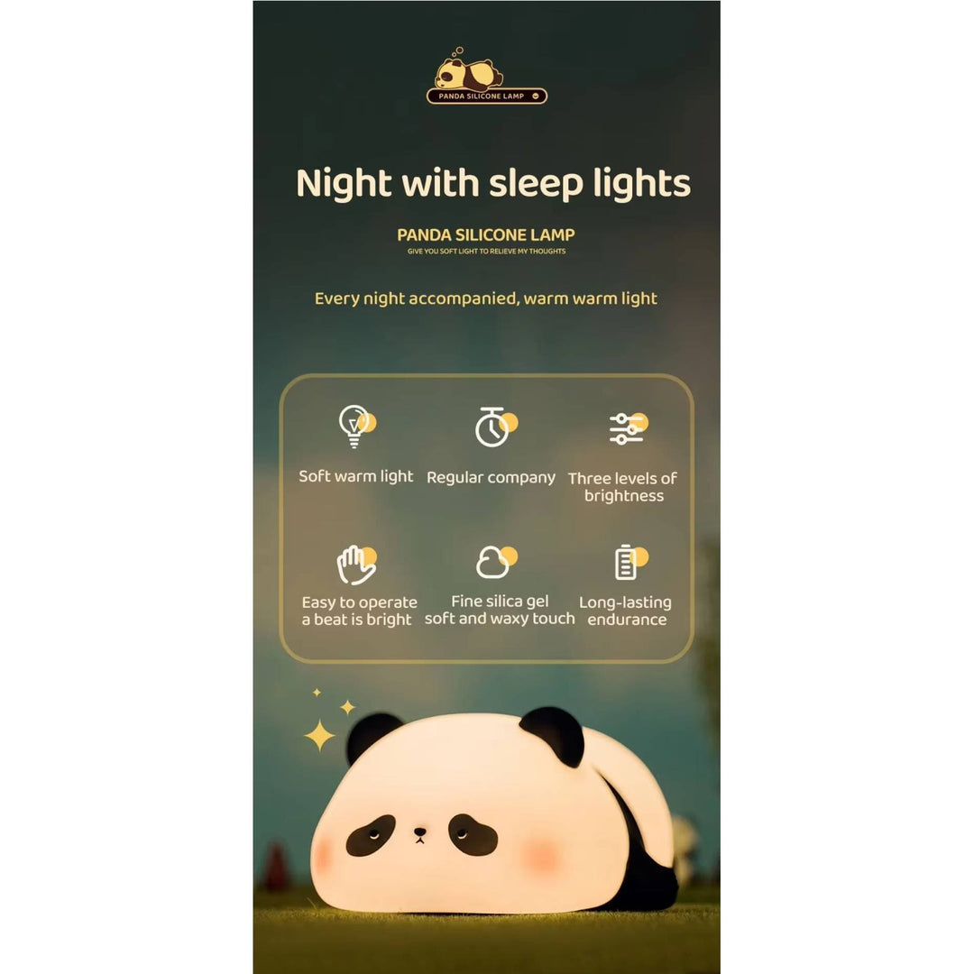 Silicone animal night light for kids with Panda, Sheep, and Rabbit shapes, USB rechargeable, touch-sensitive brightness.