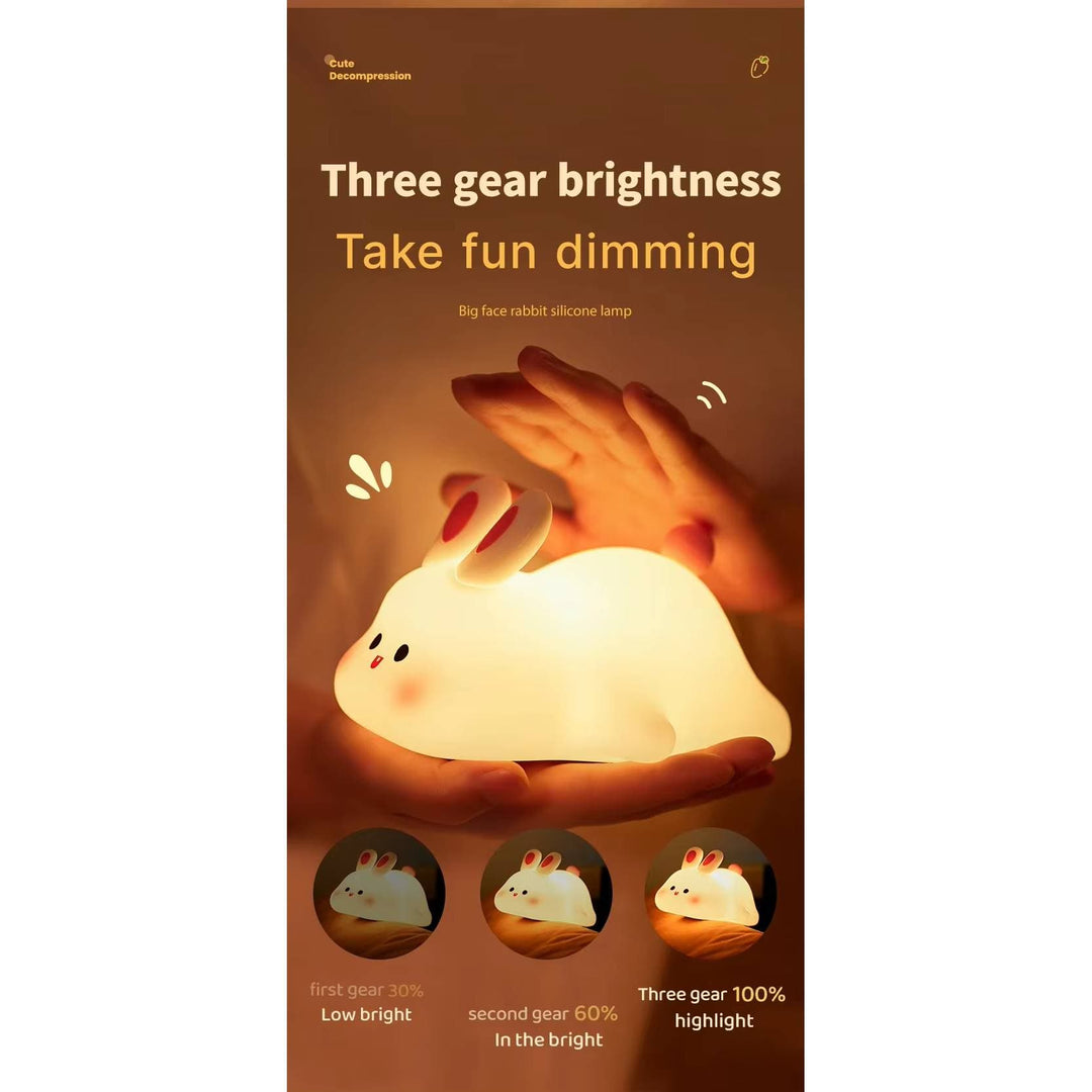 Silicone animal night light for kids with Panda, Sheep, and Rabbit shapes, USB rechargeable, touch-sensitive brightness.