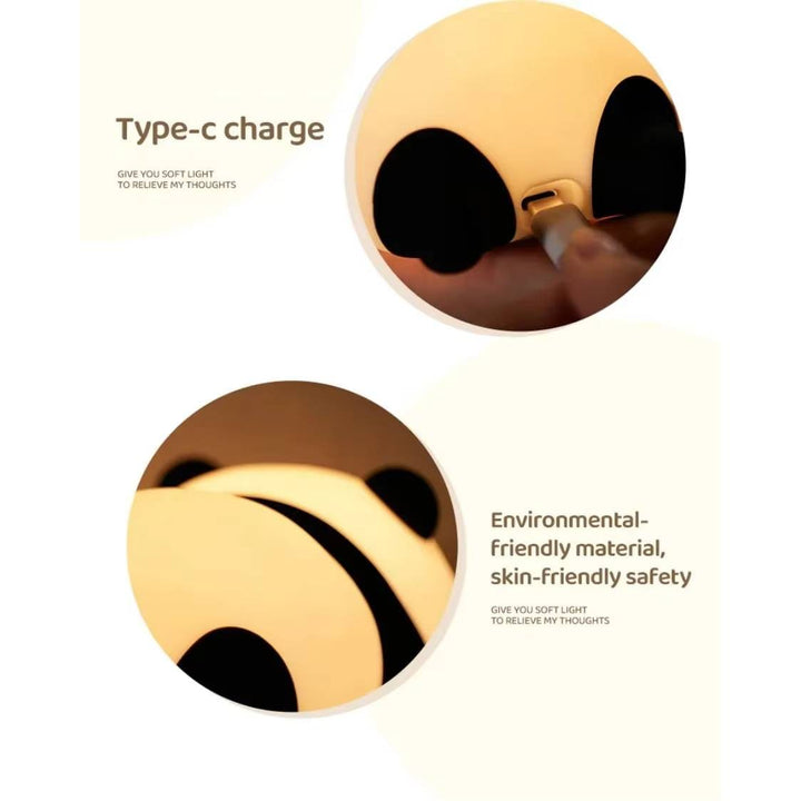 Silicone animal night light for kids with Panda, Sheep, and Rabbit shapes, USB rechargeable, touch-sensitive brightness.