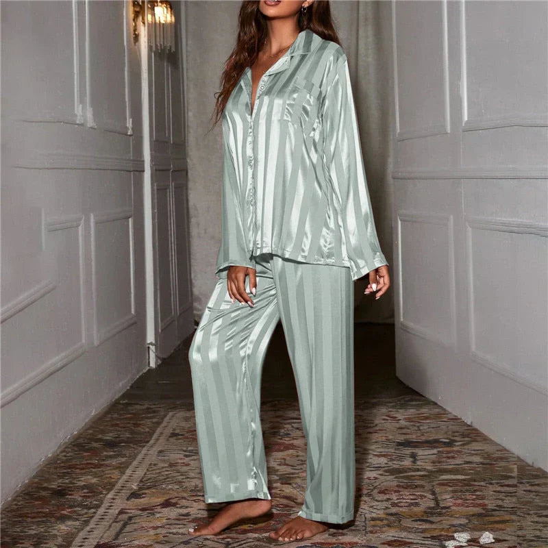 Model wearing comfortable silky women's pajama set, perfect for nightwear.
