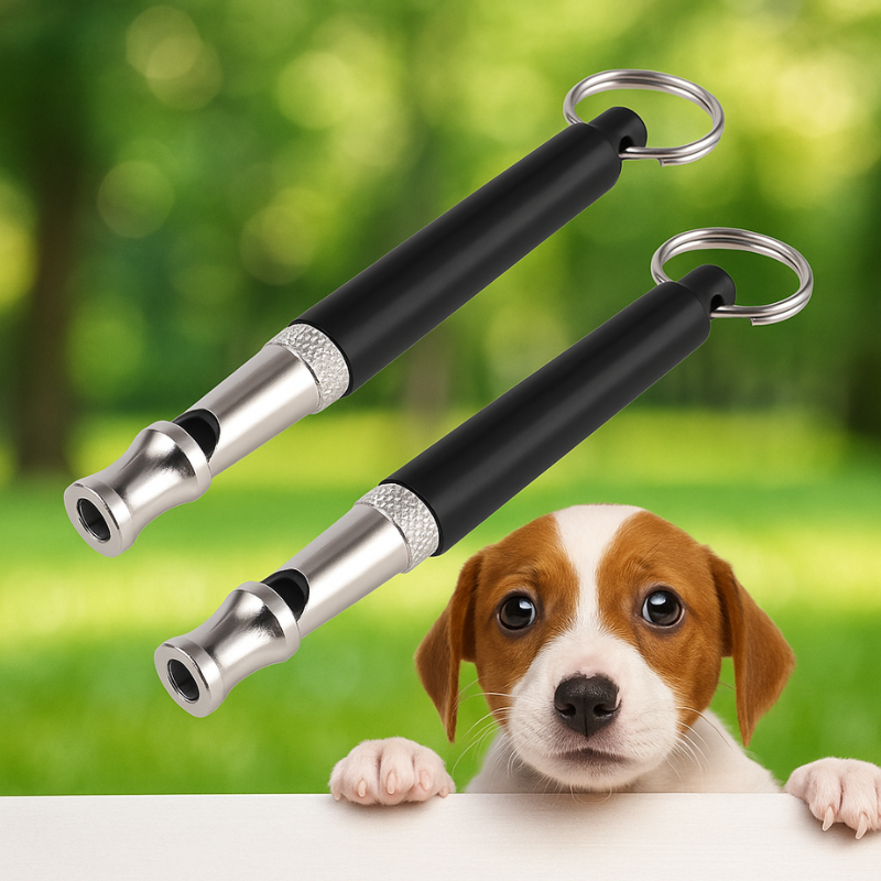 Silver high-frequency dog training whistle with black tip, compact and lightweight; part of a 2-pack for effective pet traini