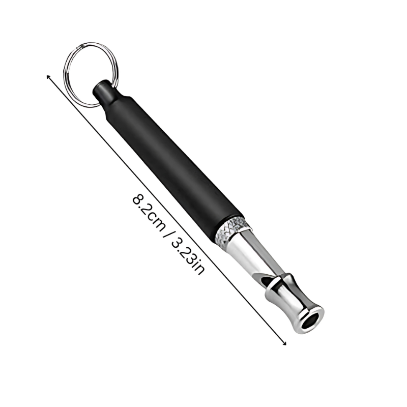 Silver high-frequency dog training whistle with black tip, compact and lightweight; part of a 2-pack for effective pet traini