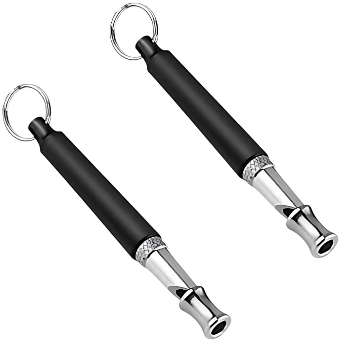 Silver high-frequency dog training whistle with black tip, compact and lightweight; part of a 2-pack for effective pet traini