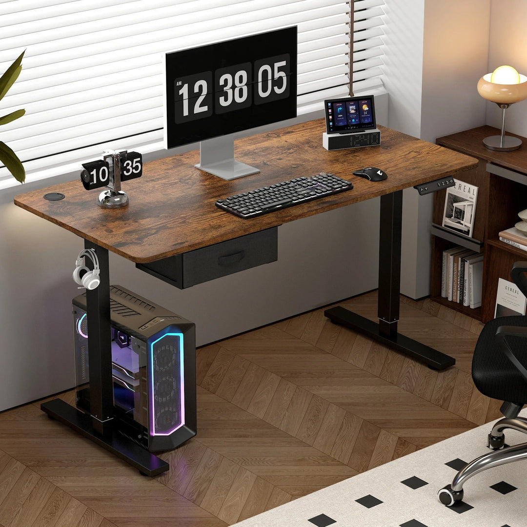 "Sleek adjustable electric standing desk with spacious drawer, USB ports; suits sitting/standing positions in home office."