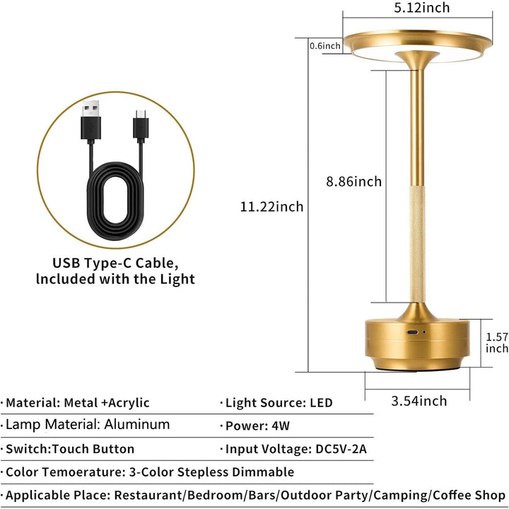 "Sleek cordless LED table lamp with a touch sensor, featuring a minimalist design in available colors: black, gold, silver."