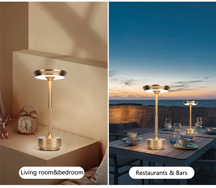"Sleek cordless LED table lamp with a touch sensor, featuring a minimalist design in available colors: black, gold, silver."