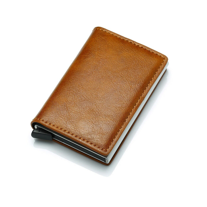 Minimalist aluminum card holder for men, featuring RFID protection & money clip.
