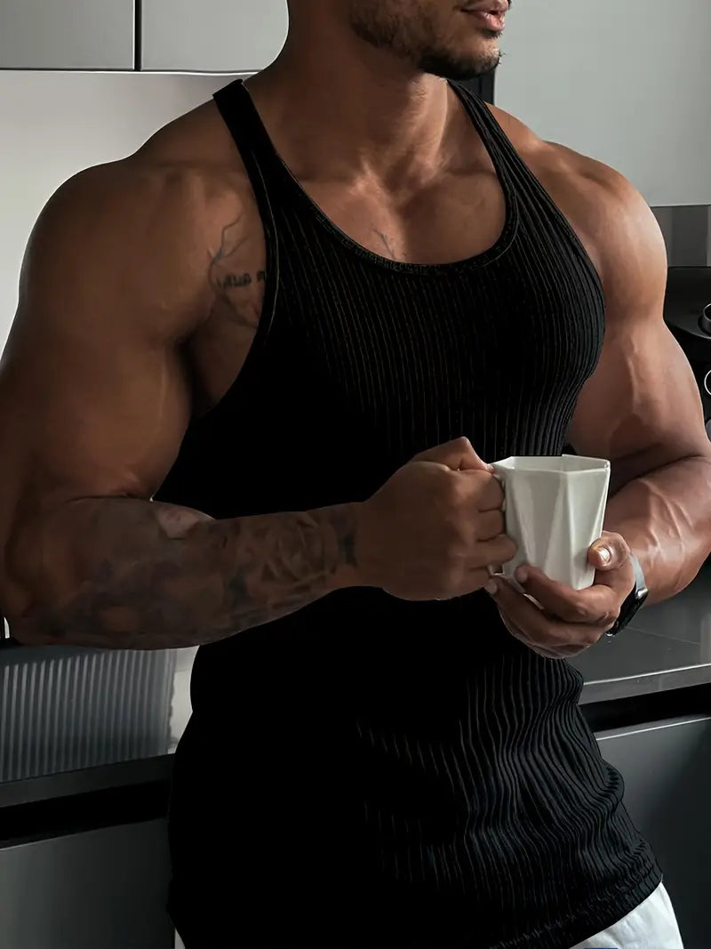 "Sleek men's athletic body fit tank top with sleeveless design, perfect for workouts and casual wear, highlighting performanc