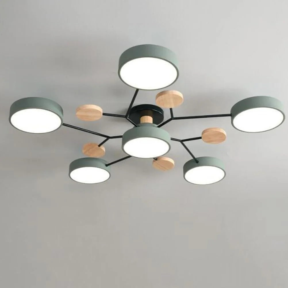 "Sleek modern halo LED semi-flush ceiling light, iron and acrylic build, perfect for contemporary living rooms or bedrooms."