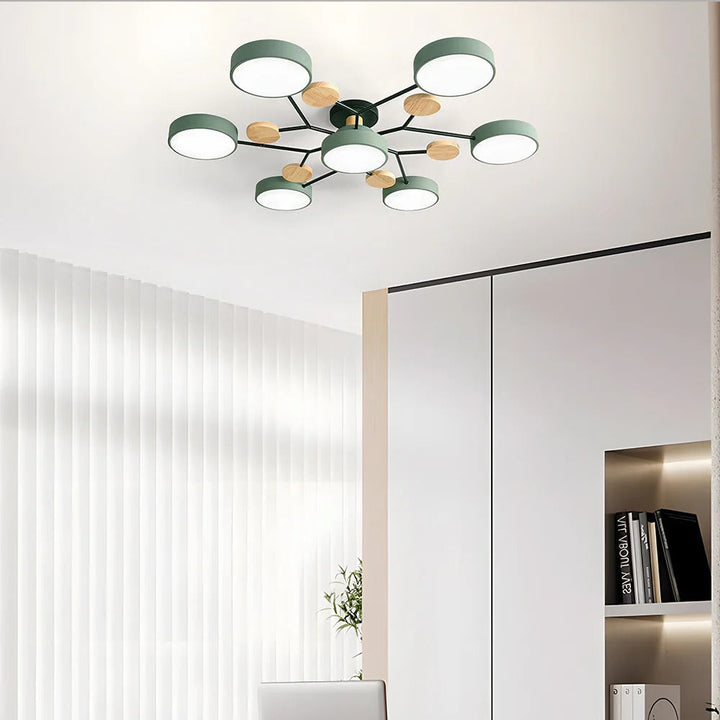"Sleek modern halo LED semi-flush ceiling light, iron and acrylic build, perfect for contemporary living rooms or bedrooms."