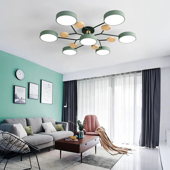 "Sleek modern halo LED semi-flush ceiling light, iron and acrylic build, perfect for contemporary living rooms or bedrooms."