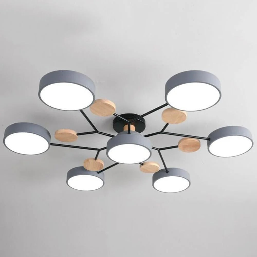 "Sleek modern halo LED semi-flush ceiling light, iron and acrylic build, perfect for contemporary living rooms or bedrooms."