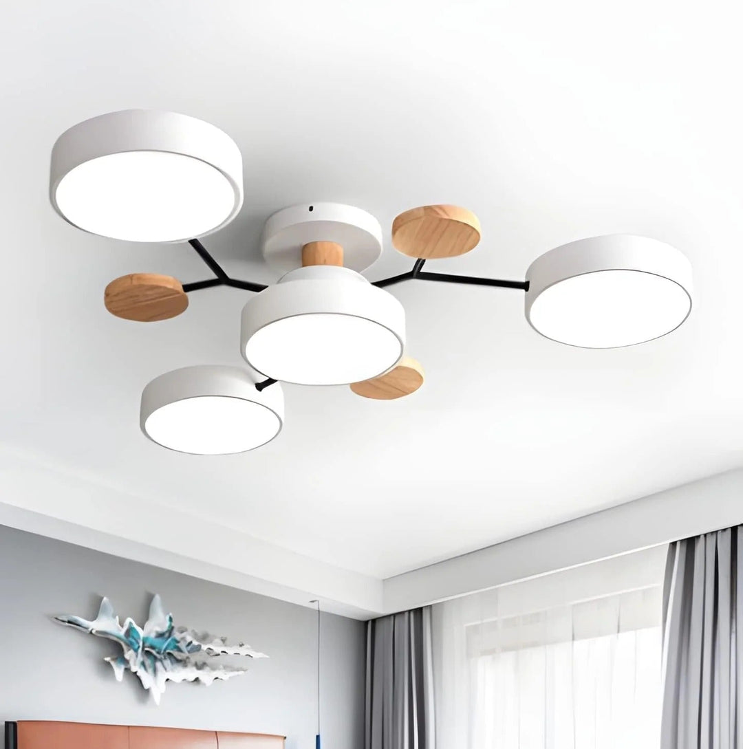 "Sleek modern halo LED semi-flush ceiling light, iron and acrylic build, perfect for contemporary living rooms or bedrooms."