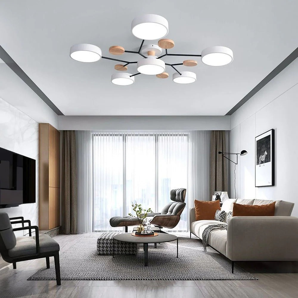 "Sleek modern halo LED semi-flush ceiling light, iron and acrylic build, perfect for contemporary living rooms or bedrooms."