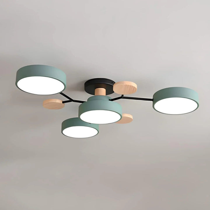 "Sleek modern halo LED semi-flush ceiling light, iron and acrylic build, perfect for contemporary living rooms or bedrooms."