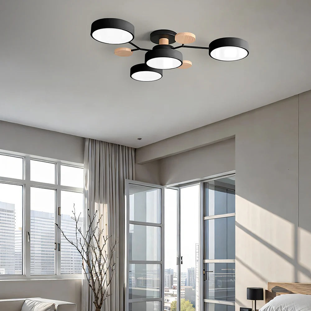 "Sleek modern halo LED semi-flush ceiling light, iron and acrylic build, perfect for contemporary living rooms or bedrooms."