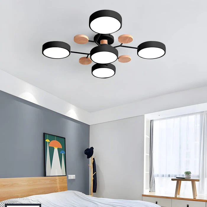 "Sleek modern halo LED semi-flush ceiling light, iron and acrylic build, perfect for contemporary living rooms or bedrooms."