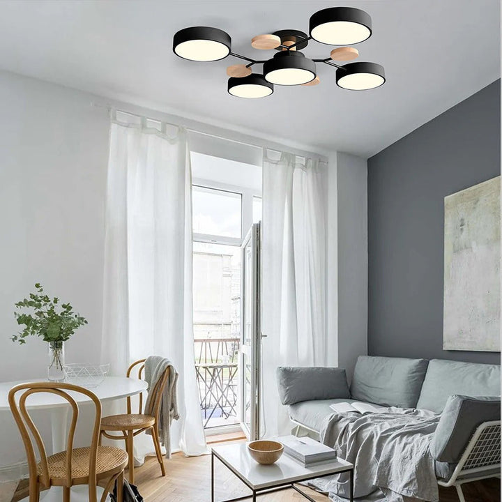 "Sleek modern halo LED semi-flush ceiling light, iron and acrylic build, perfect for contemporary living rooms or bedrooms."