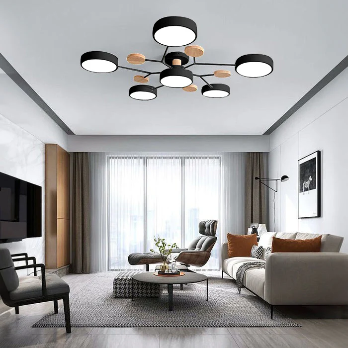 "Sleek modern halo LED semi-flush ceiling light, iron and acrylic build, perfect for contemporary living rooms or bedrooms."