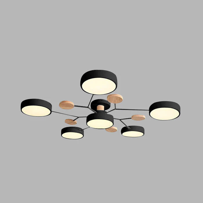 "Sleek modern halo LED semi-flush ceiling light, iron and acrylic build, perfect for contemporary living rooms or bedrooms."