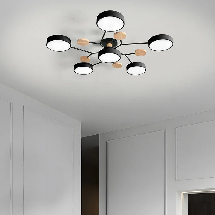 "Sleek modern halo LED semi-flush ceiling light, iron and acrylic build, perfect for contemporary living rooms or bedrooms."