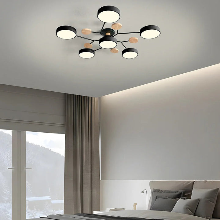 "Sleek modern halo LED semi-flush ceiling light, iron and acrylic build, perfect for contemporary living rooms or bedrooms."