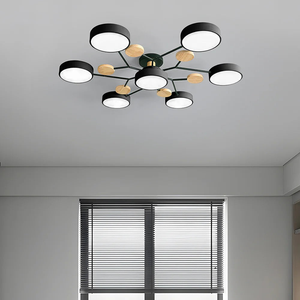 "Sleek modern halo LED semi-flush ceiling light, iron and acrylic build, perfect for contemporary living rooms or bedrooms."