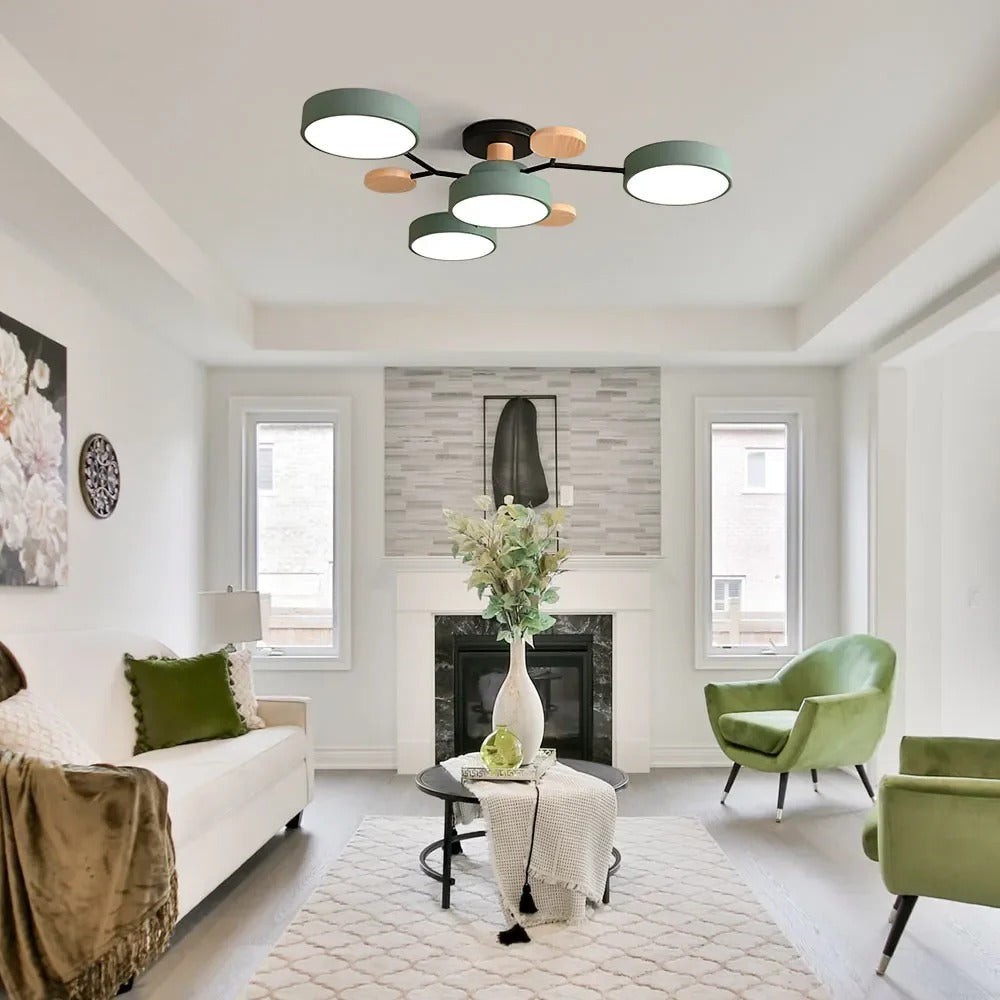 "Sleek modern halo LED semi-flush ceiling light, iron and acrylic build, perfect for contemporary living rooms or bedrooms."