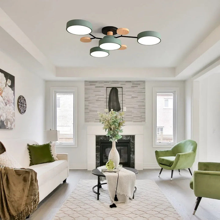 "Sleek modern halo LED semi-flush ceiling light, iron and acrylic build, perfect for contemporary living rooms or bedrooms."